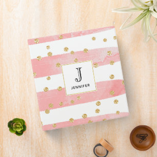 Pink Blush Stripes Faux Gold Confetti Monogram Binder