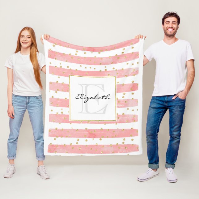 Pink Blush Stripes | Faux Gold Confetti Monogram Fleece Blanket (In Situ)