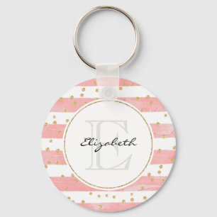 Pink Blush Stripes   Faux Gold Confetti Monogram Keychain
