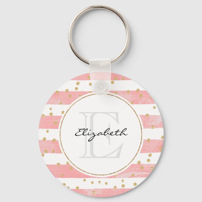 Pink Blush Stripes | Faux Gold Confetti Monogram Keychain (Front)