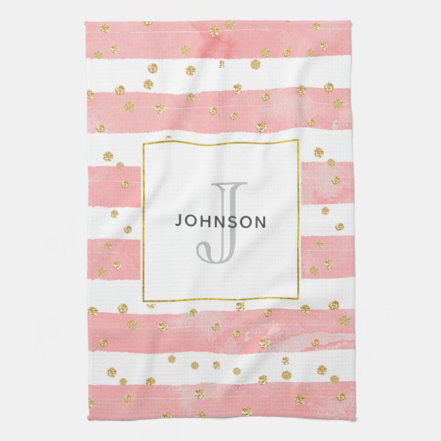 Pink Blush Stripes | Faux Gold Confetti Monogram Kitchen Towel (Vertical)