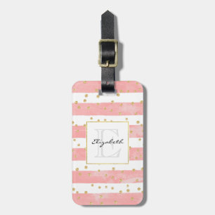 Pink Blush Stripes & Faux Gold Confetti Monogram Luggage Tag