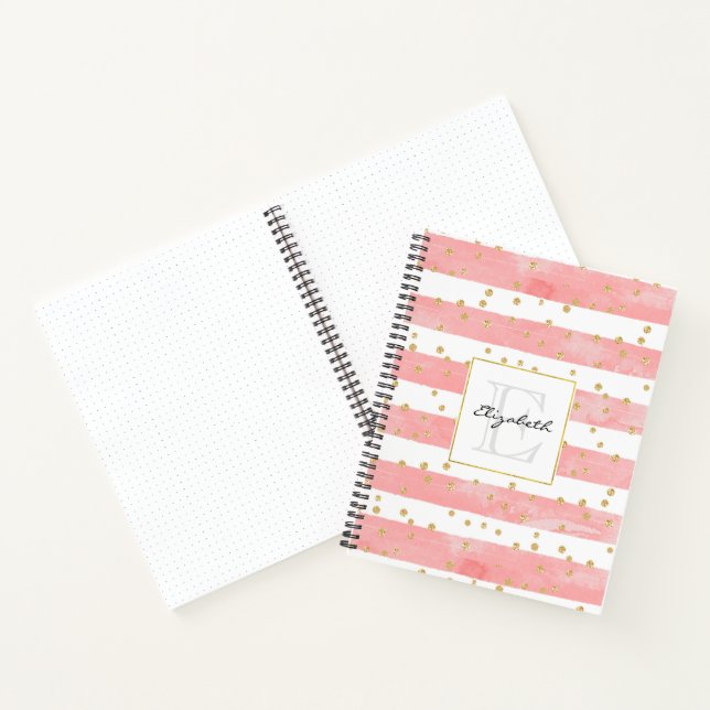 Pink Blush Stripes | Faux Gold Confetti Monogram Notebook (Inside)