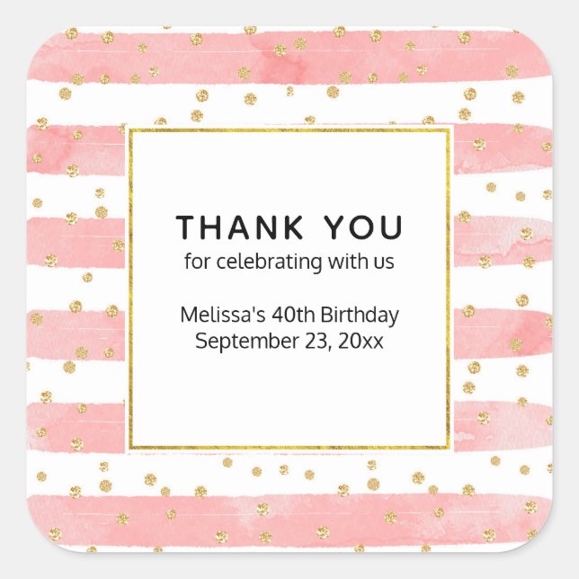 Pink Blush Stripes | Faux Gold Confetti Party Square Sticker (Front)