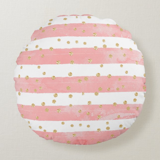  Pink Blush Stripes | Faux Gold Confetti Round Pillow (Front)