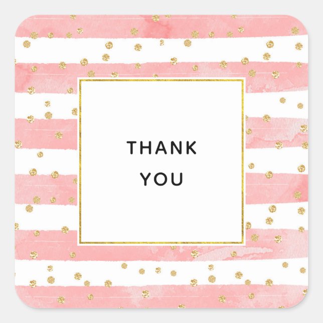 Pink Blush Stripes | Faux Gold Confetti Thank You Square Sticker (Front)