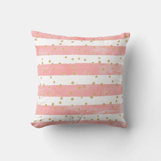 Pink Blush Stripes | Faux Gold Confetti Throw Pillow (Front)