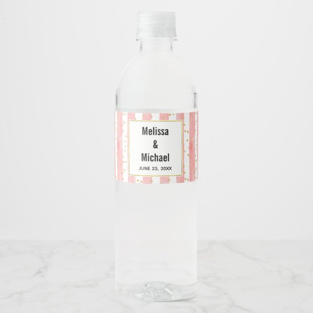 Pink Blush Stripes | Faux Gold Confetti Wedding Water Bottle Label (Front)