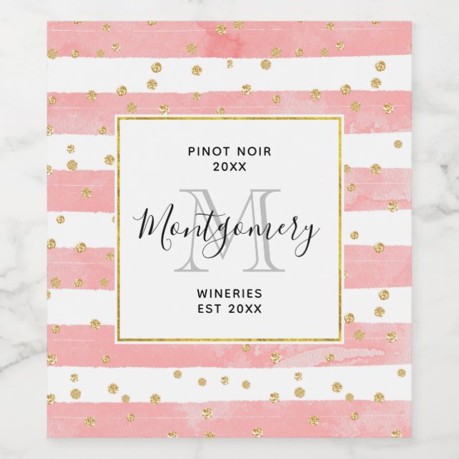 Pink Blush Stripes | Faux Gold Confetti Wine Maker Label (Single Label)