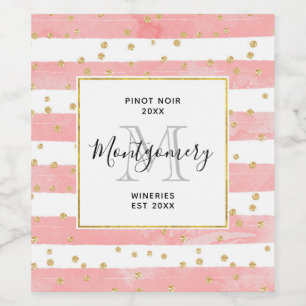 Pink Blush Stripes   Faux Gold Confetti Wine Maker Wine Label