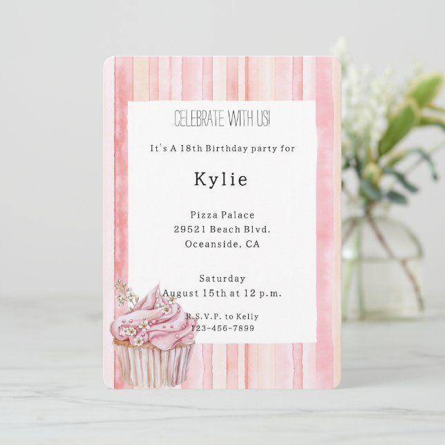 Pink Blush Stripes Floral Cupcake Birthday   Invitation (Standing Front)