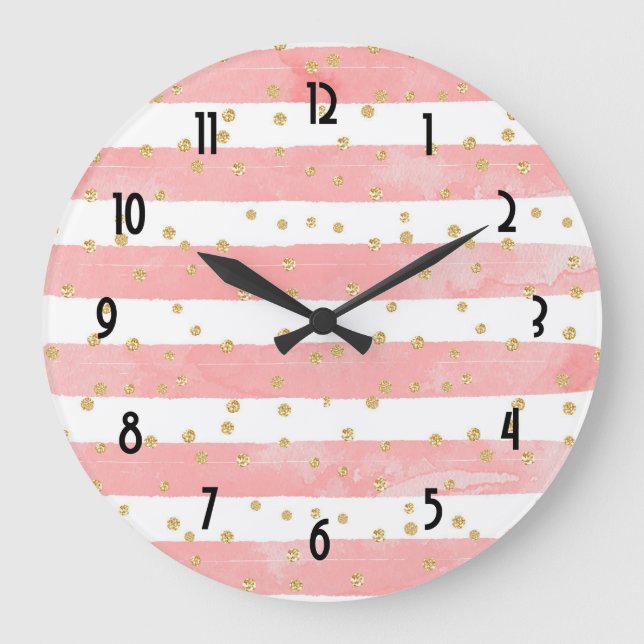 Pink Blush Stripes with Faux Gold Confetti Large Clock (Front)