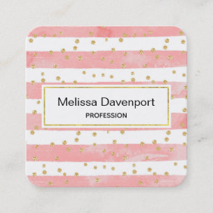 Pink Blush Stripes with Faux Gold Confetti Square Business Card