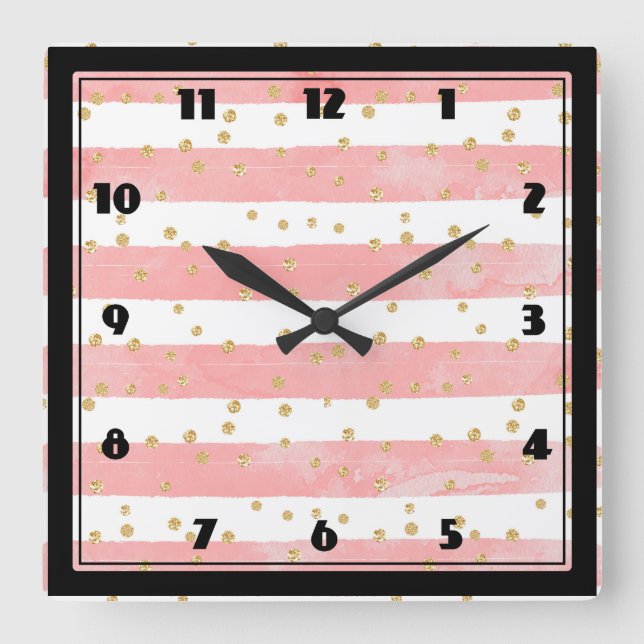 Pink Blush Stripes with Faux Gold Confetti Square Wall Clock (Front)