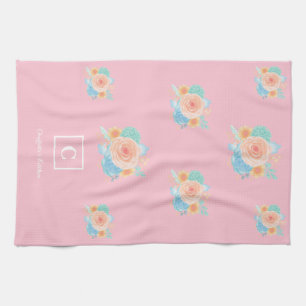 Pink Blush Teal Floral Monogram Kitchen Towel