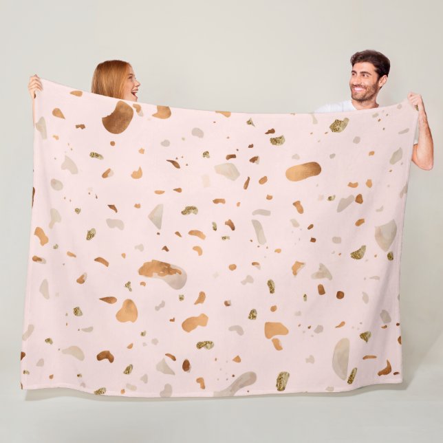 Pink Blush Terrazzo With Gold Copper Spots Fleece Blanket (In Situ)