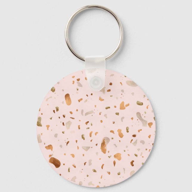 Pink Blush Terrazzo With Gold Copper Spots Keychain (Front)