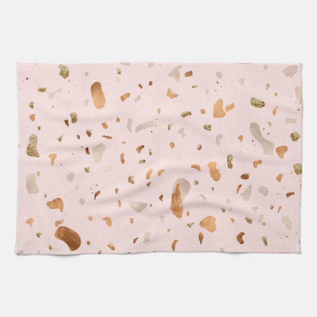 Pink Blush Terrazzo With Gold Copper Spots Kitchen Towel (Horizontal)