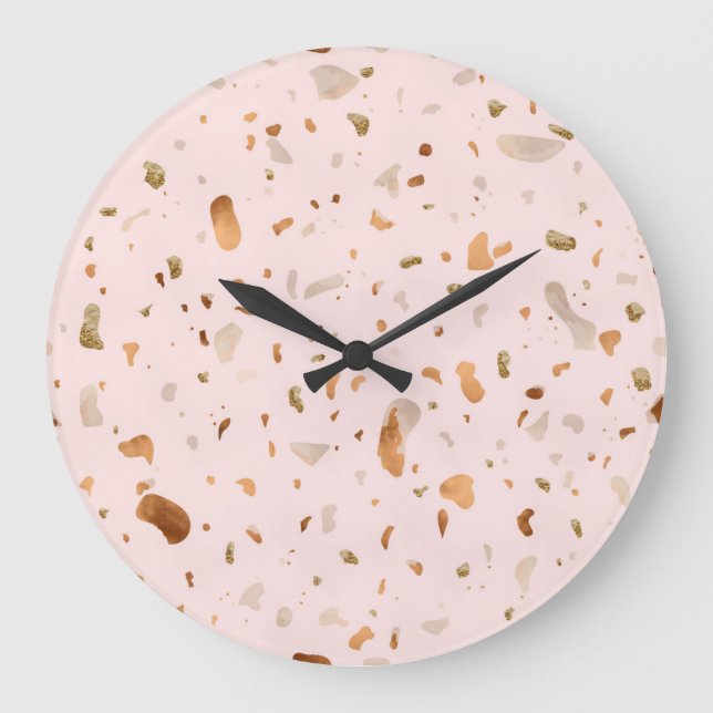 Pink Blush Terrazzo With Gold Copper Spots Large Clock (Front)