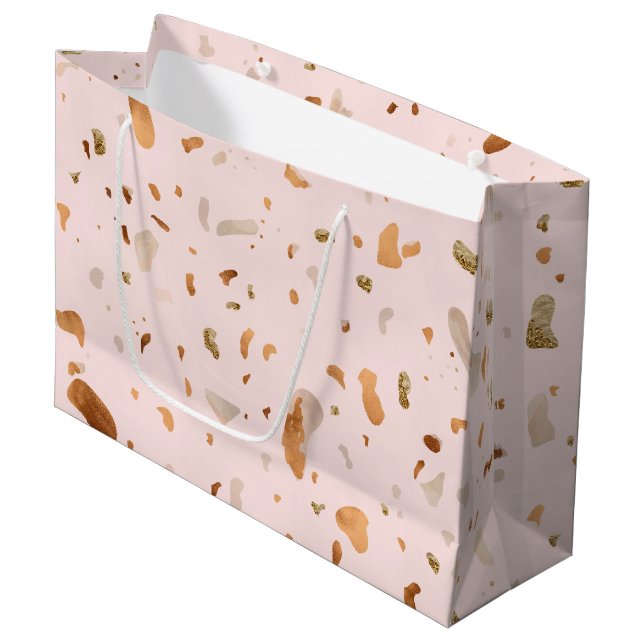Pink Blush Terrazzo With Gold Copper Spots Large Gift Bag (Front Angled)