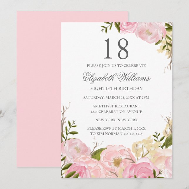 Pink Blush Watercolor Floral 18th Birthday Invite (Front/Back)