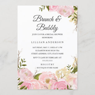 Pink Blush Watercolor Floral Brunch And Bubbly Invitation