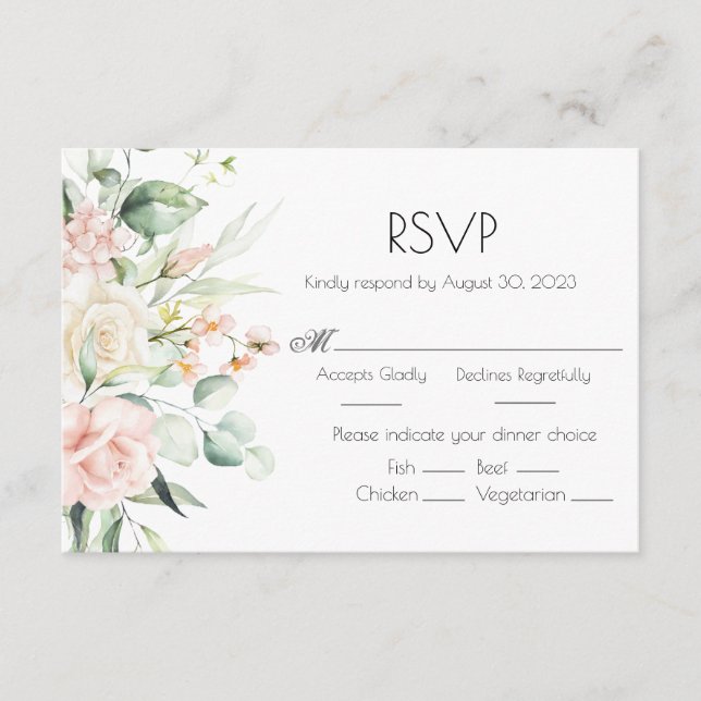 Pink Blush Watercolor Floral Elegant Wedding  RSVP Card (Front)