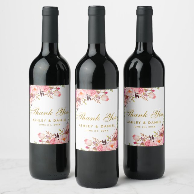 Pink Blush Watercolor Floral Gold Wedding Wine Label (Bottles)