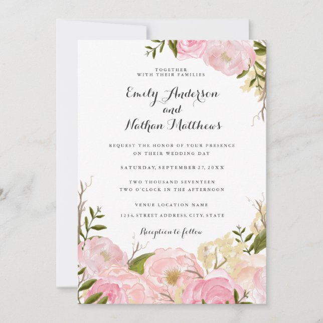 Pink Blush Watercolor Floral Wedding Invitation (Front)