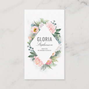 Pink Blush Watercolor Flowers and Greenery Frame Business Card