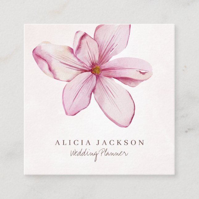 Pink blush watercolor petals wedding planner square business card (Front)
