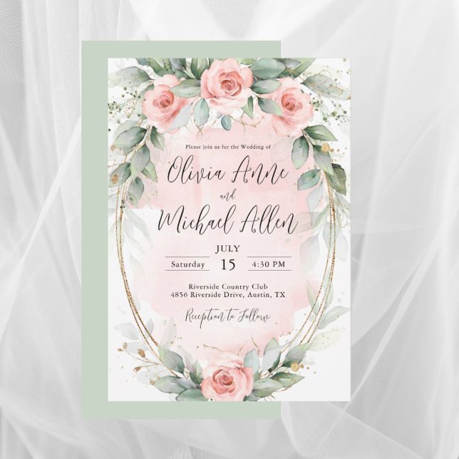 Pink Blush Watercolor Roses Sage Green Wedding Invitation (Creator Uploaded)