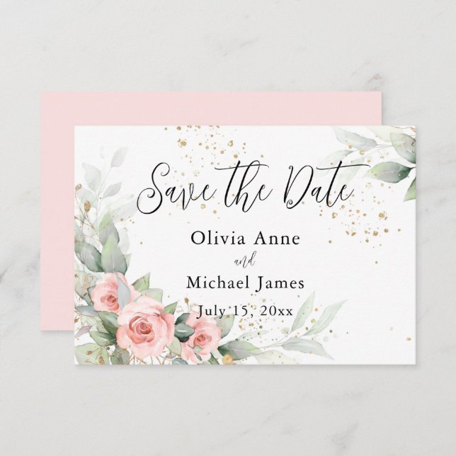 Pink Blush Watercolor Roses Save the Date (Front/Back)