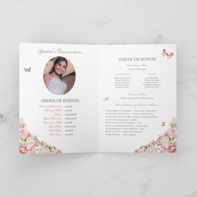 Pink Blush White Floral Butterfly Quinceañera  Program (Inside)