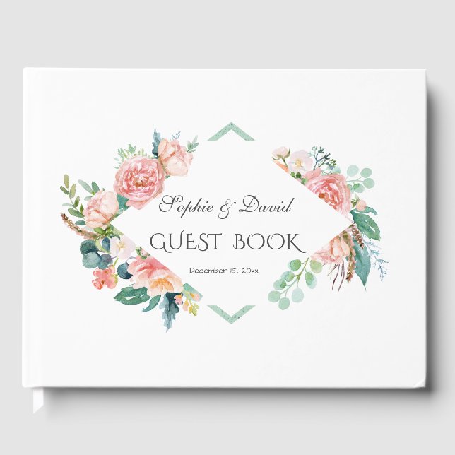 Pink Blush White Flowers Green Frame Wedding Guest Book (Front)