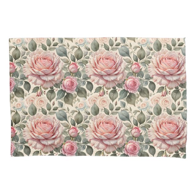 Pink Blush & White Giant Cabbage Roses Pillowcase (Front)