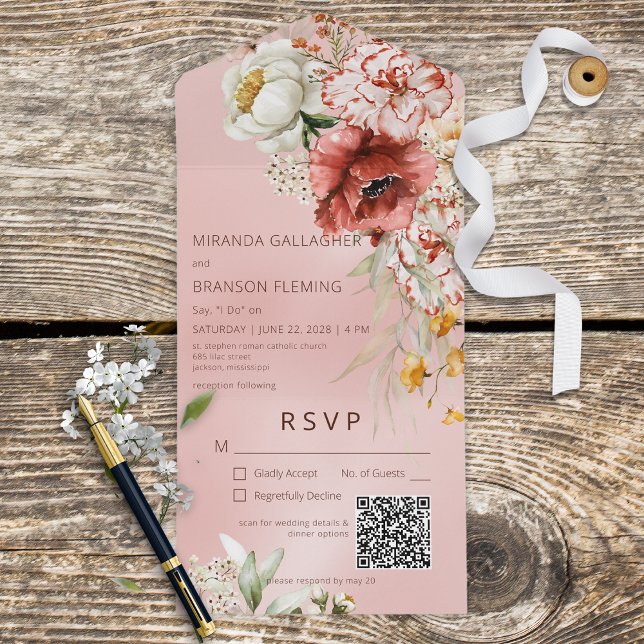 Pink Blush & White Modern Floral Pink QR Code All In One Invitation (Creator Uploaded)