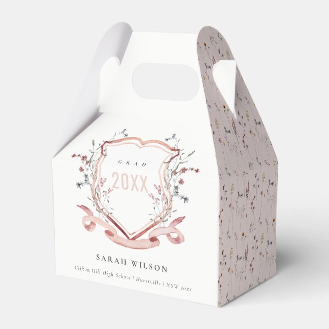 Pink Blush Wildflower Watercolor Crest Graduation Favor Box (Front Side)