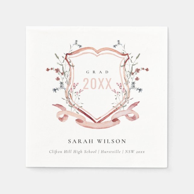 Pink Blush Wildflower Watercolor Crest Graduation Napkin (Front)