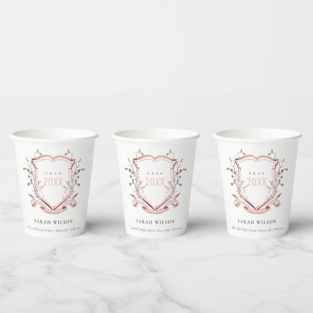 Pink Blush Wildflower Watercolor Crest Graduation Paper Cups (Multi)