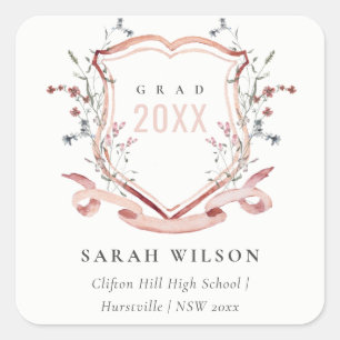 Pink Blush Wildflower Watercolor Crest Graduation Square Sticker