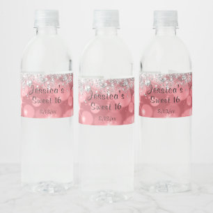 Pink Bo Ho Silver Sparkling Glitter Sweet 16   Water Bottle Label
