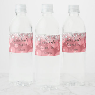 Pink Bo Ho Silver Sparkling Glitter Sweet 16   Water Bottle Label