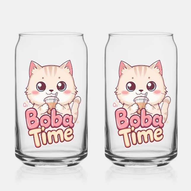 Pink Boba Tea and Cat Illustration Can Glass (Front)