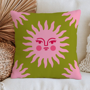 Pink Bohemian Sun Face on Green BOHO Chic Mystical Throw Pillow