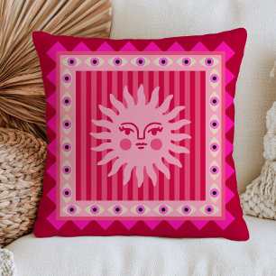 Pink Bohemian Sun Face on Stripes Evil Eyes Funky  Throw Pillow