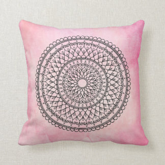 Pink Bohemian Watercolor Hand Drawn Mandala Flower Throw Pillow