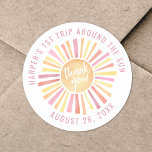 Pink Boho 1st Trip Around The Sun Classic Round Sticker<br><div class="desc">This round sticker design features a vibrant sun at the centre, with the cheerful phrase "Thank You!" placed right on top of the sun. The sun's rays burst out in shades of yellow, orange, pink, and red, bringing warmth and joy to your celebration. At the top of the sticker, "First...</div>