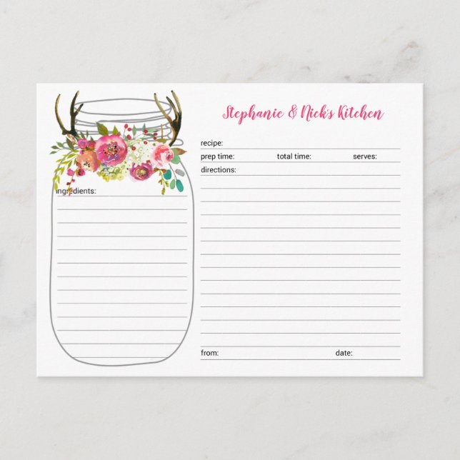 Pink Boho Antlers Mason Jar Newlywed Recipe Cards (Front)