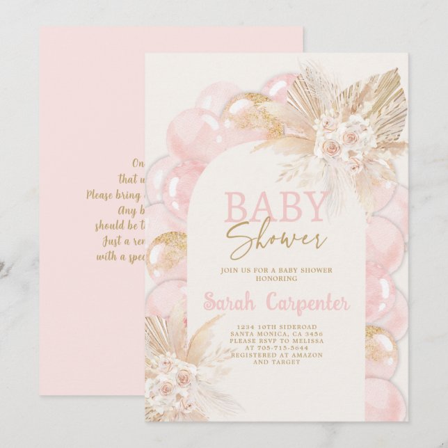 Pink Boho Arch Baby Shower Girl Invitation (Front/Back)
